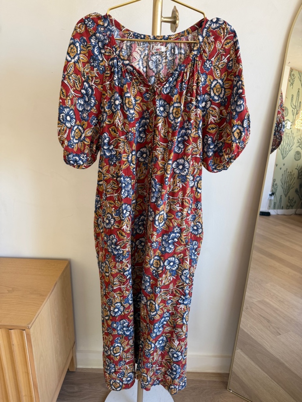 Faherty Red Floral Maxi Dress with Blue and Yellow Accents